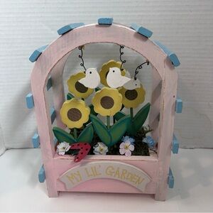 Rustic wooden Pink and Blue Garden Decor with Birds and Flowers vintage